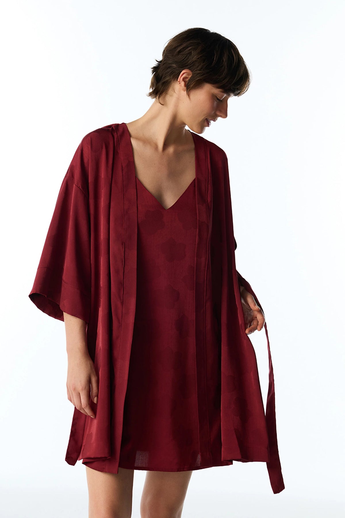 Bordo Orquidea Saten Çiçekli 3/4 Kollu Sabahlık