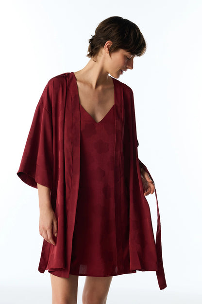 Bordo Orquidea Saten Çiçekli 3/4 Kollu Sabahlık