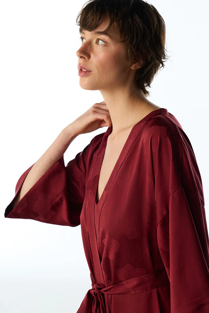 Bordo Orquidea Saten Çiçekli 3/4 Kollu Sabahlık