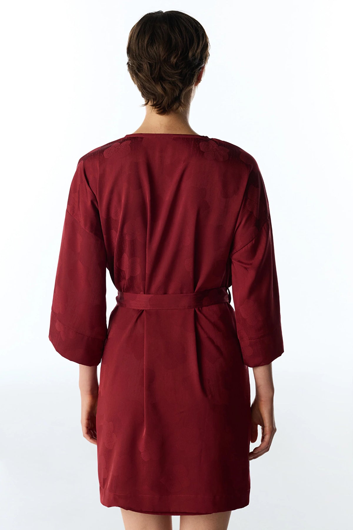 Bordo Orquidea Saten Çiçekli 3/4 Kollu Sabahlık