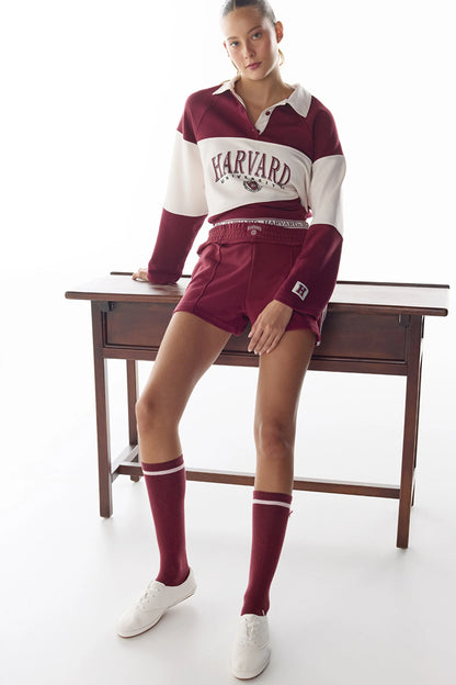 Bordo Harvard Şerit Detaylı Retro Şort