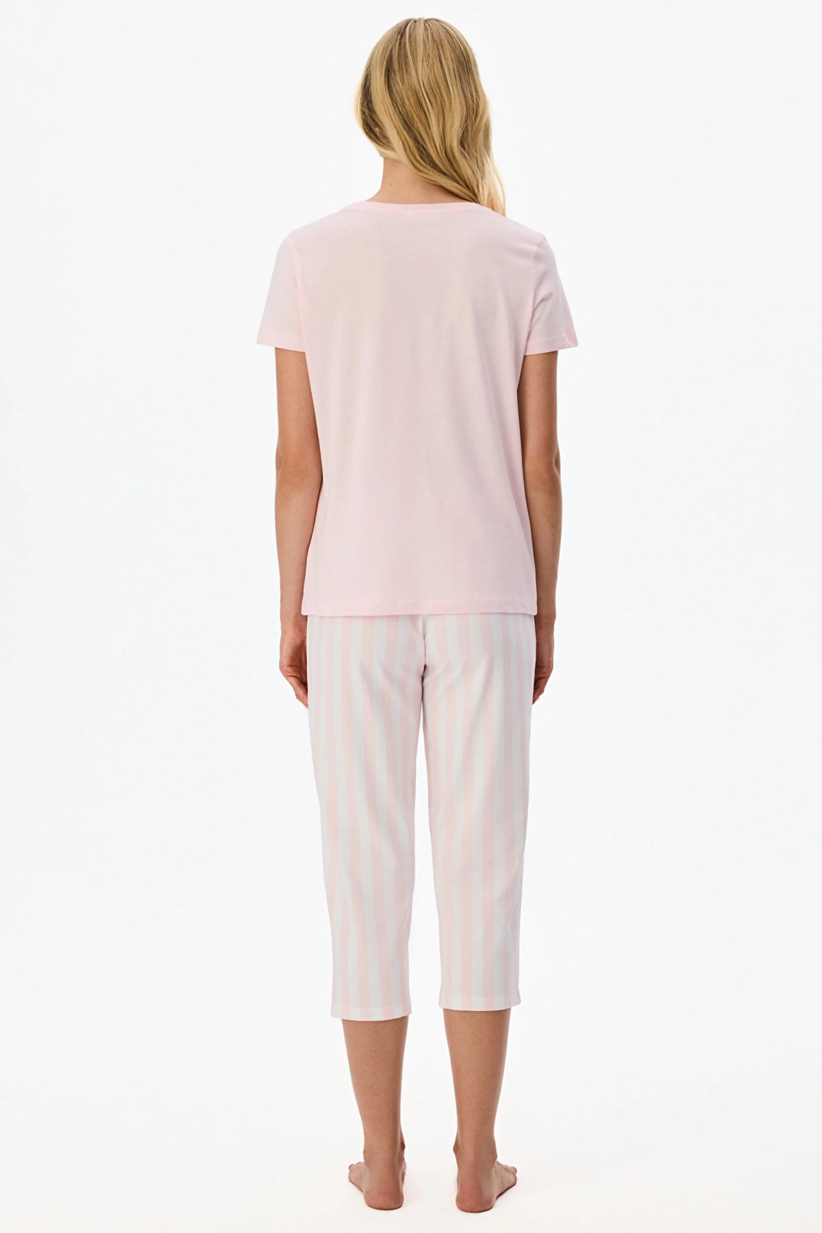 Pembe Slow Days Çizgili Kısa Kollu Kapri Pijama Takımı