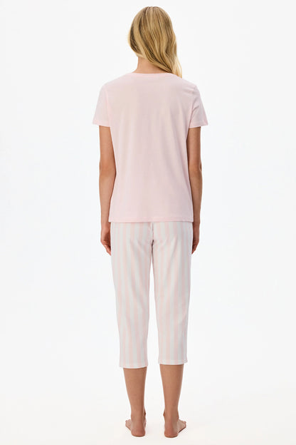 Pembe Slow Days Çizgili Kısa Kollu Kapri Pijama Takımı
