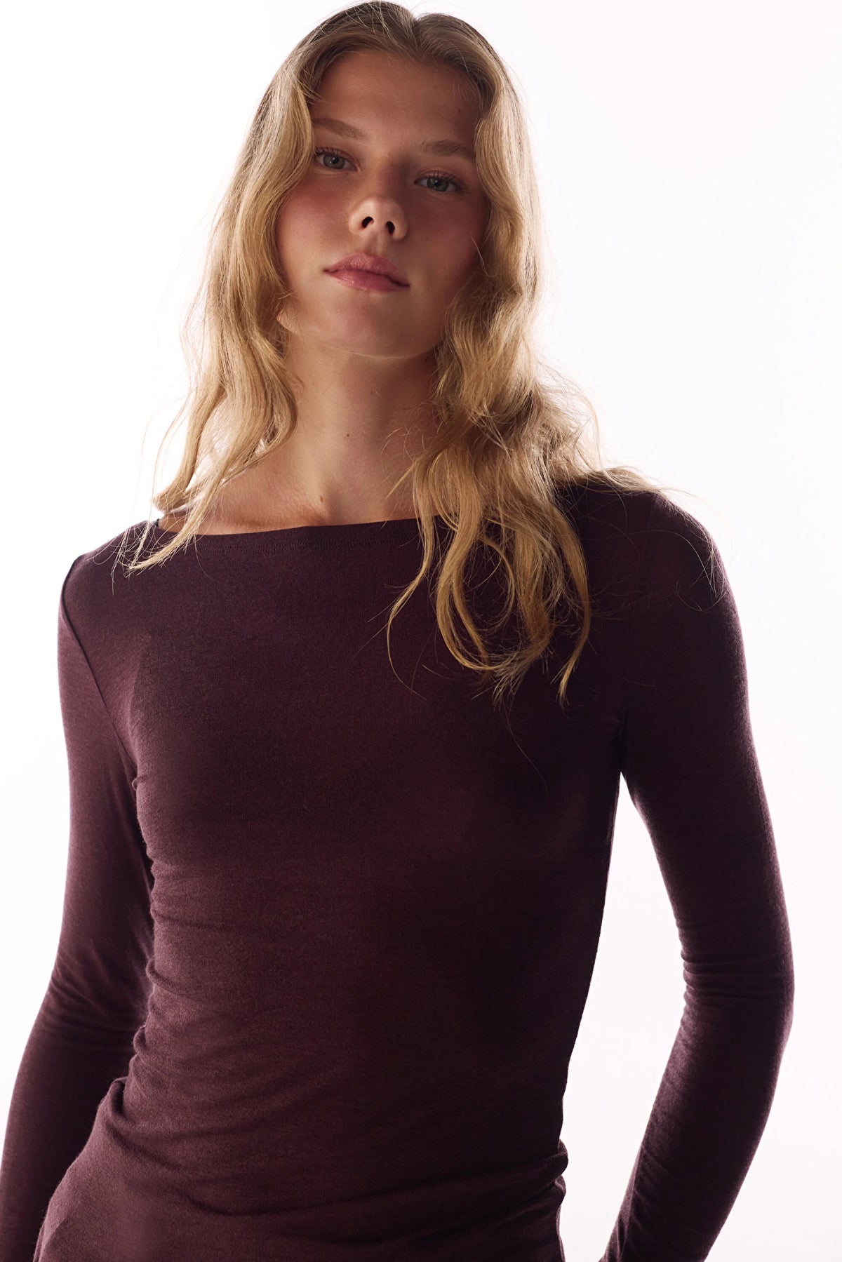 Koyu Bordo Clean Kayık Yaka Kaşmir Uzun Kollu Bluz