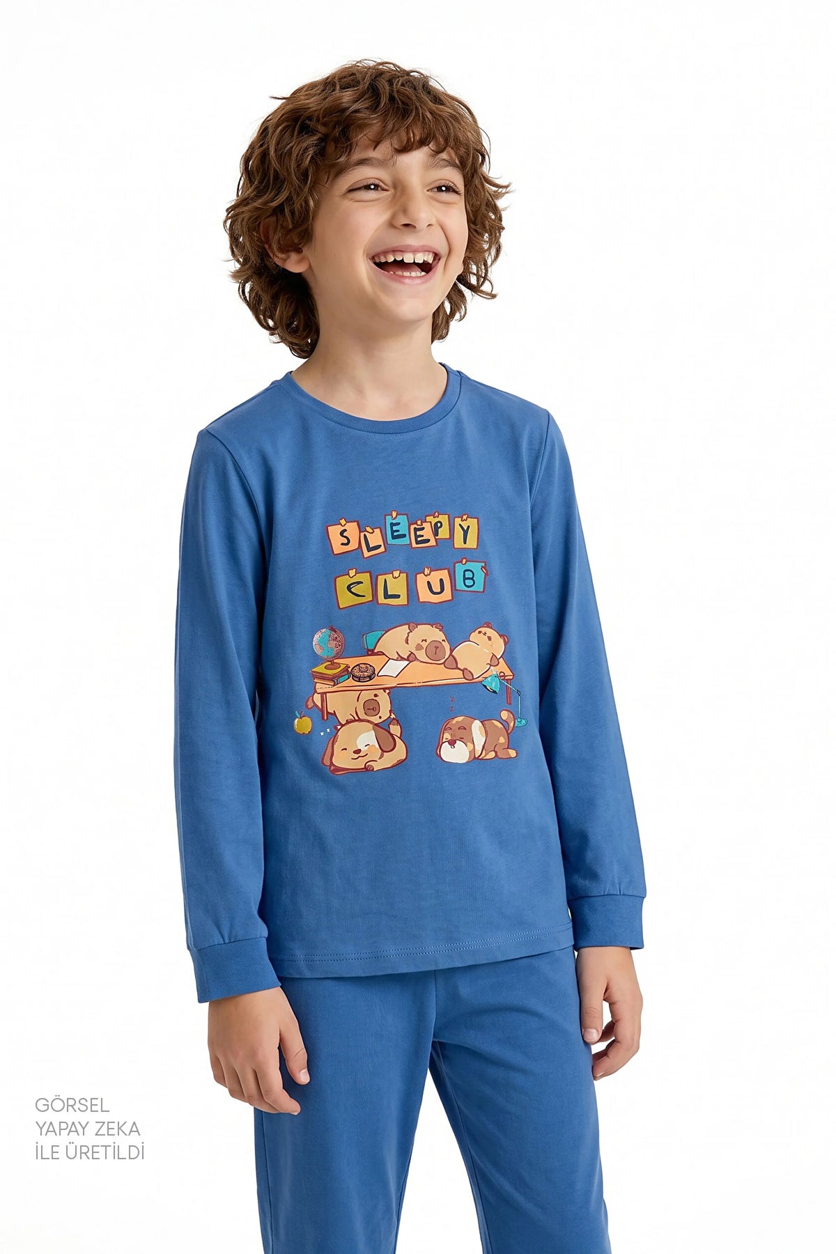Erkek Çocuk Mavi Sleepy Club Pamuklu Uzun Kollu 2'li Pijama Takımı