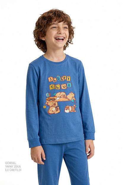 Erkek Çocuk Mavi Sleepy Club Pamuklu Uzun Kollu 2'li Pijama Takımı