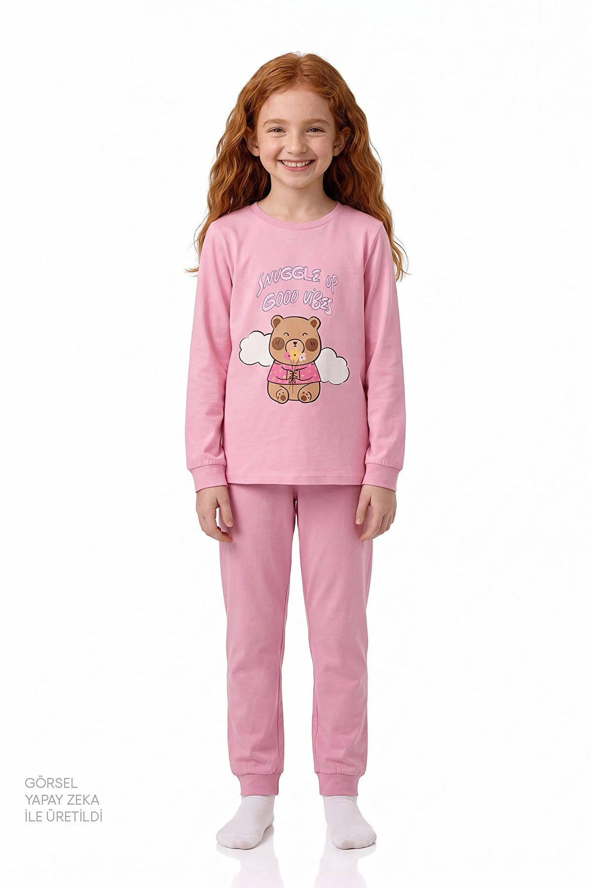 Kız Çocuk Pembe Friendly Capy Pamuklu Uzun Kollu 2'li Pijama Takımı