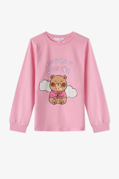 Kız Çocuk Pembe Friendly Capy Pamuklu Uzun Kollu 2'li Pijama Takımı