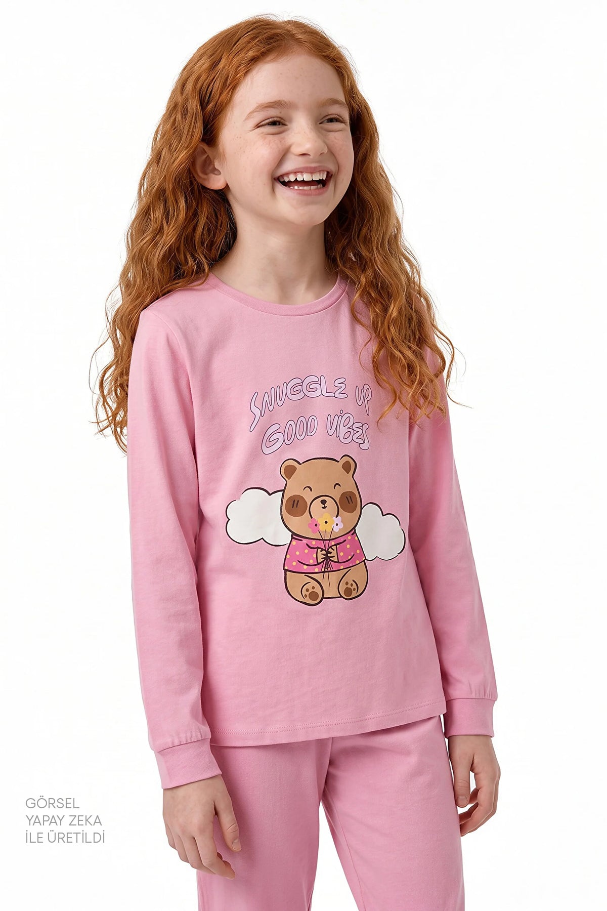Kız Çocuk Pembe Friendly Capy Pamuklu Uzun Kollu 2'li Pijama Takımı