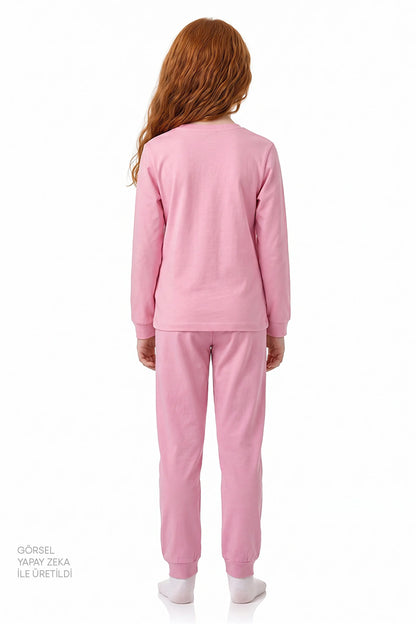 Kız Çocuk Pembe Friendly Capy Pamuklu Uzun Kollu 2'li Pijama Takımı