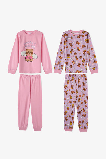 Kız Çocuk Pembe Friendly Capy Pamuklu Uzun Kollu 2'li Pijama Takımı