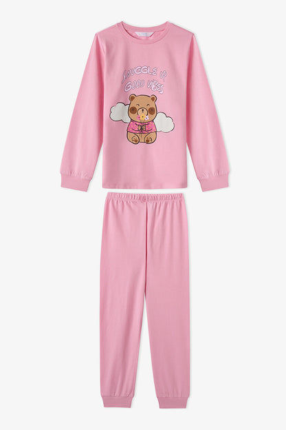 Kız Çocuk Pembe Friendly Capy Pamuklu Uzun Kollu 2'li Pijama Takımı
