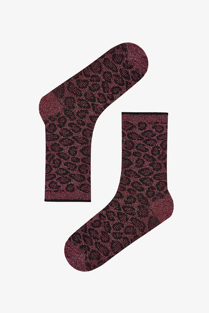 Bordo Siyah Parlak Leopar Pamuklu Simli 2 Çift Soket Çorap
