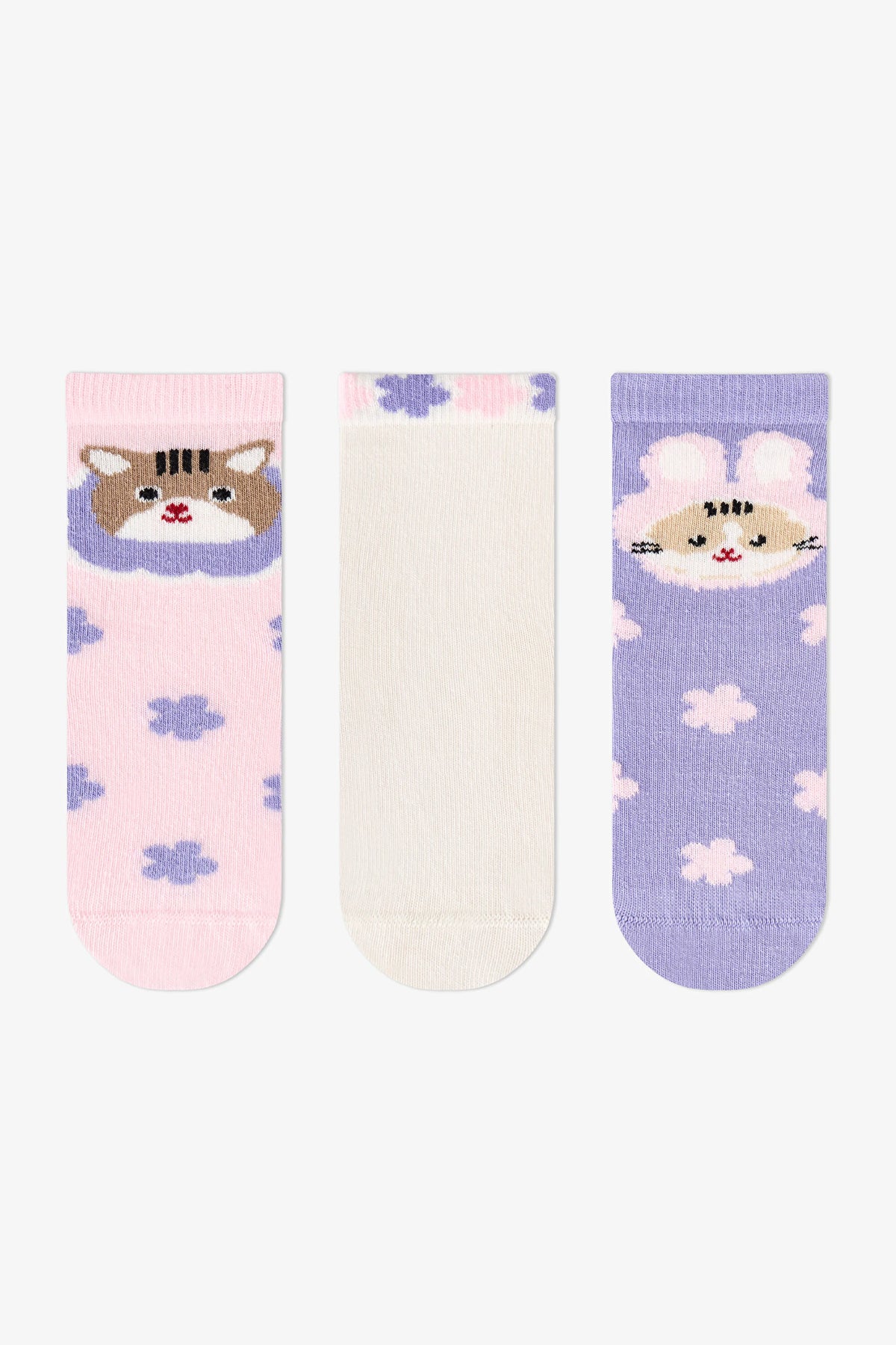 Kız Çocuk Pembe Feel Better Kedi Desenli Pamuklu 3 Çift Soket Çorap