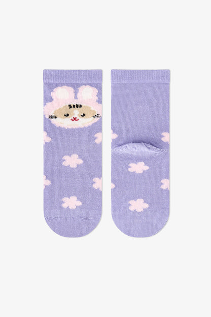 Kız Çocuk Pembe Feel Better Kedi Desenli Pamuklu 3 Çift Soket Çorap