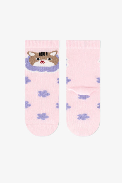 Kız Çocuk Pembe Feel Better Kedi Desenli Pamuklu 3 Çift Soket Çorap