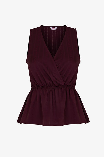 Bordo Aurora Dark Saten Çiçekli Atlet Pijama Üstü