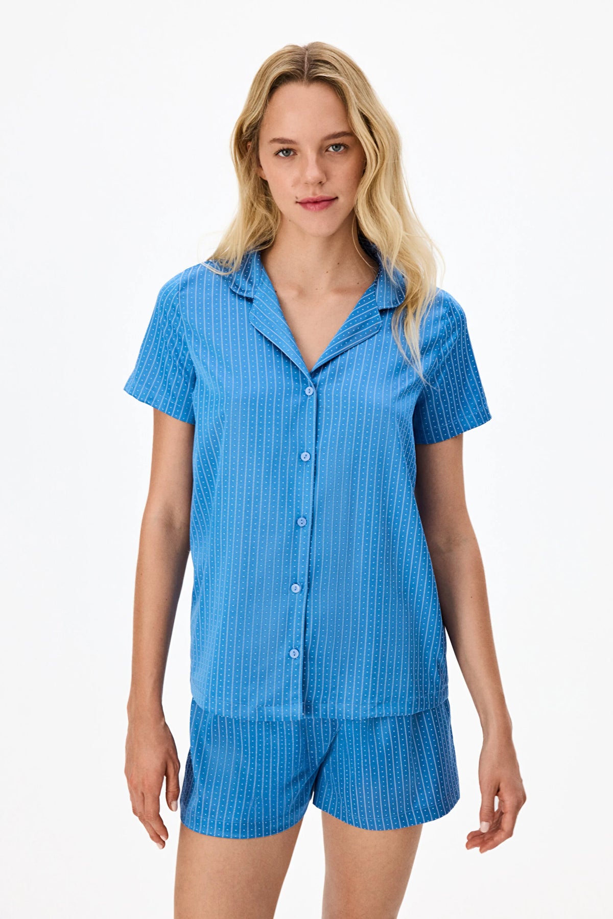 Mavi Skyline Saten Kısa Kollu Gömlek Şort Pijama Takımı