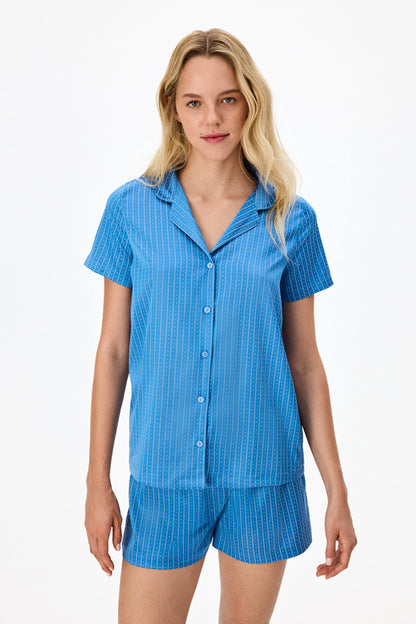 Mavi Skyline Saten Kısa Kollu Gömlek Şort Pijama Takımı