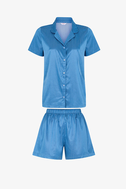 Mavi Skyline Saten Kısa Kollu Gömlek Şort Pijama Takımı