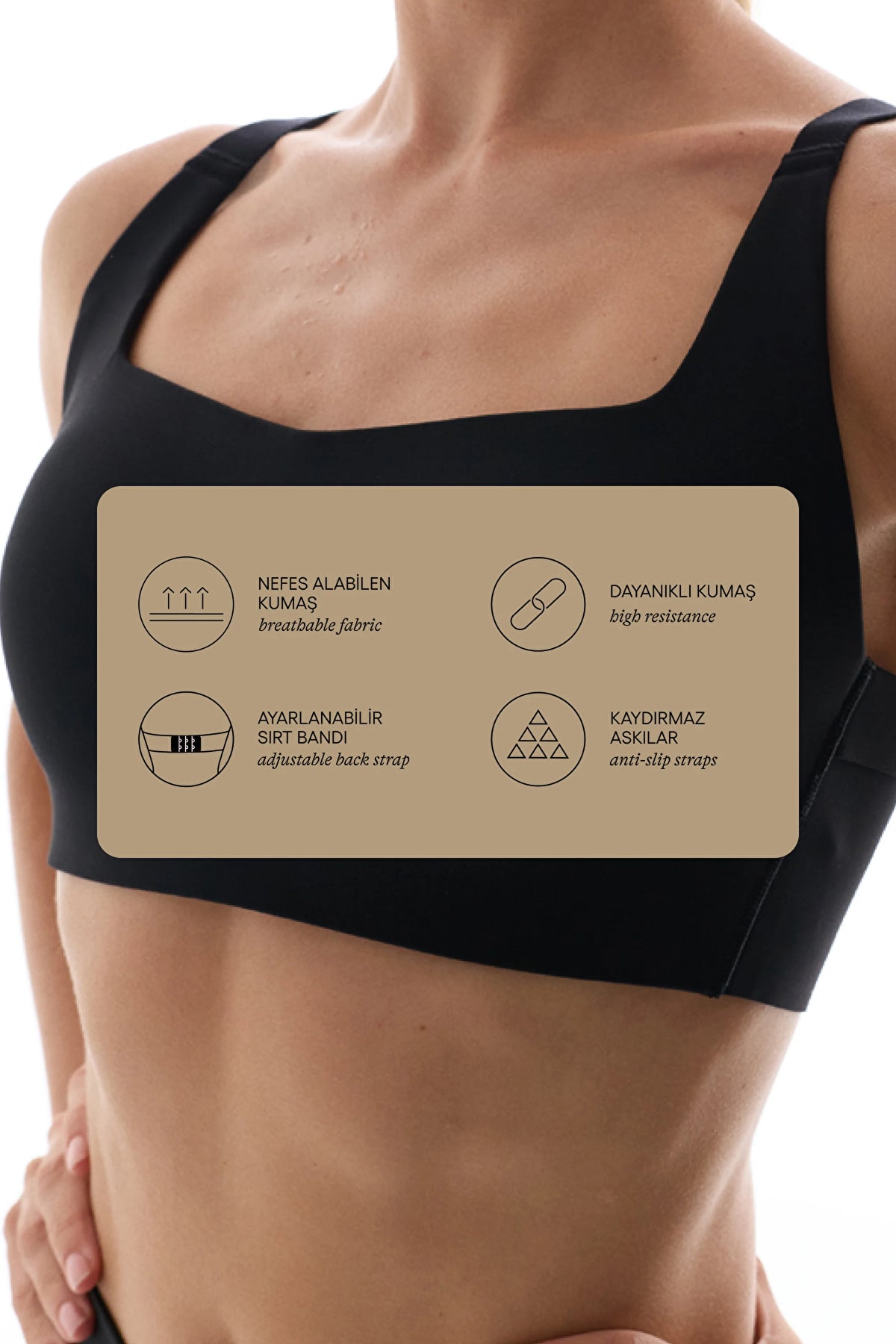 Siyah Stretch360 Orta Destek Çapraz Sırt Detaylı Kaydırmaz Askılı Cross Back Spor Sütyeni
