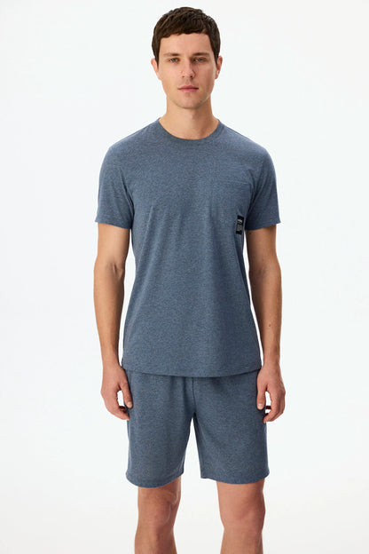 Erkek Indigo Melanj Soft Indigo Kısa Kollu Şort Pijama Takımı