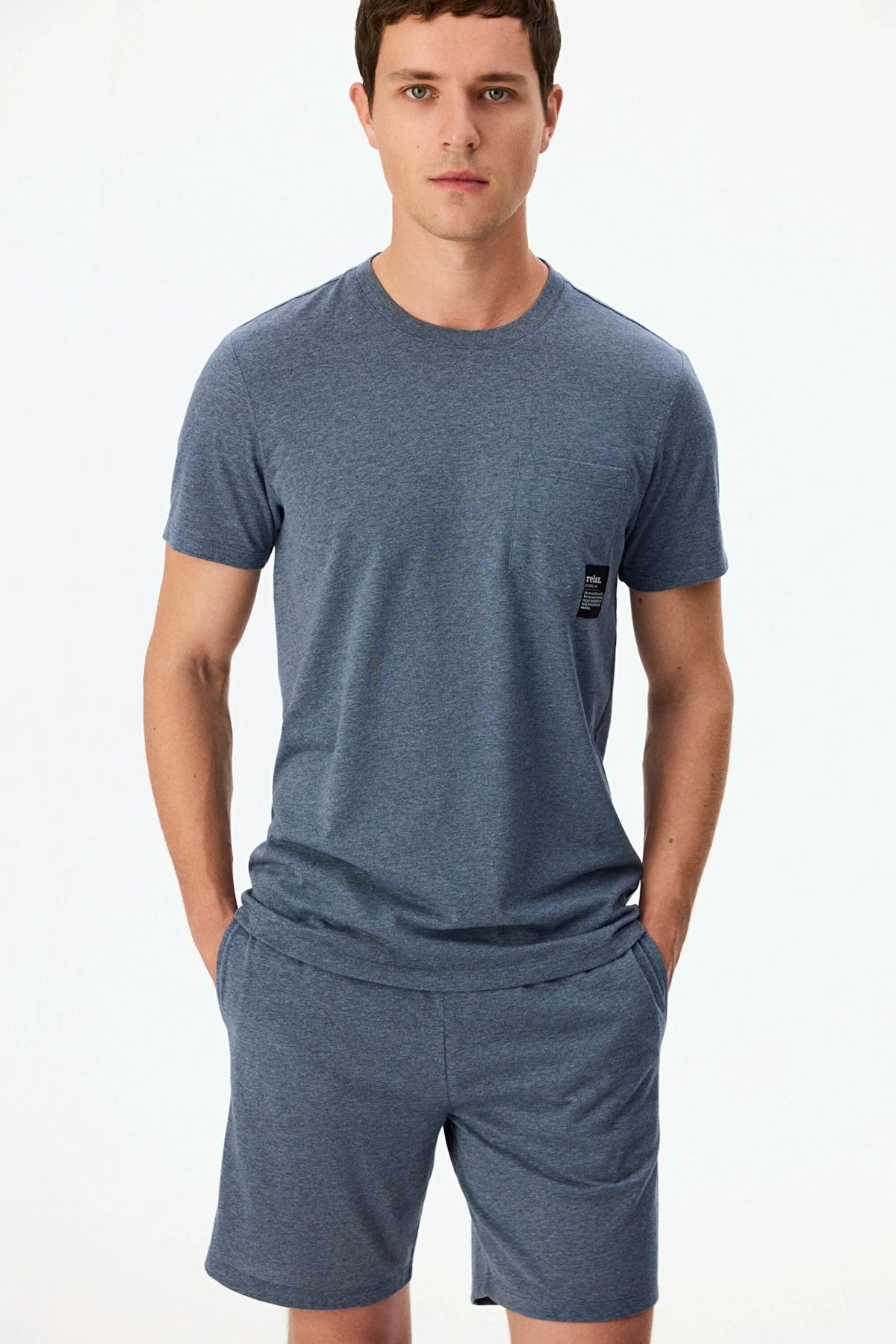 Erkek Indigo Melanj Soft Indigo Kısa Kollu Şort Pijama Takımı
