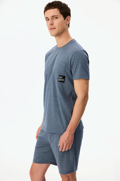 Erkek Indigo Melanj Soft Indigo Kısa Kollu Şort Pijama Takımı
