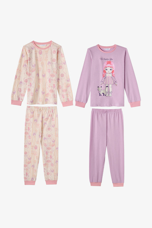 Kız Çocuk Lila Starlit Friends Pamuklu Uzun Kollu 2'li Pijama Takımı