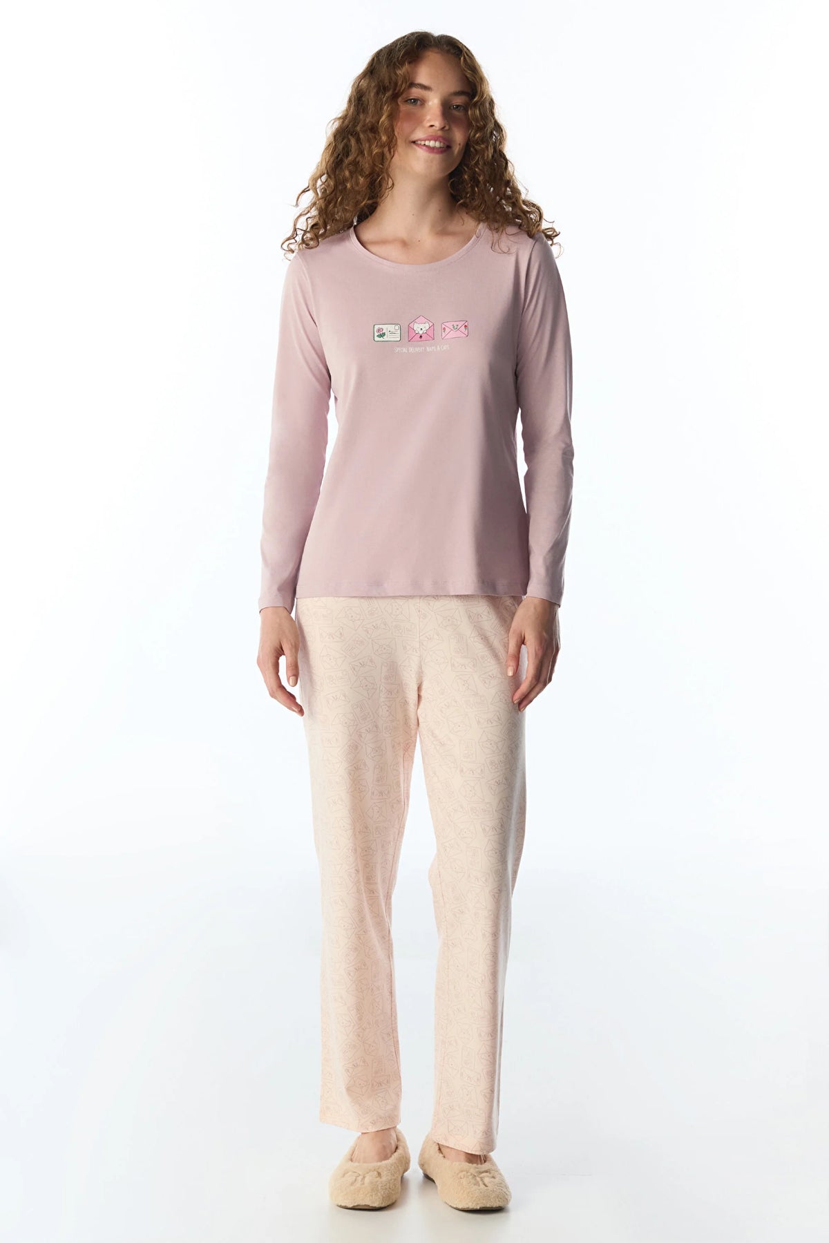 Açık Pembe Naps&cats Kedi Desenli Uzun Kollu Pantolon Pijama Takımı