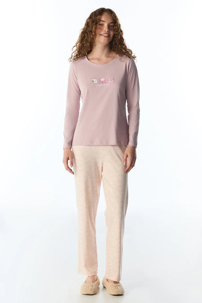 Açık Pembe Naps&cats Kedi Desenli Uzun Kollu Pantolon Pijama Takımı