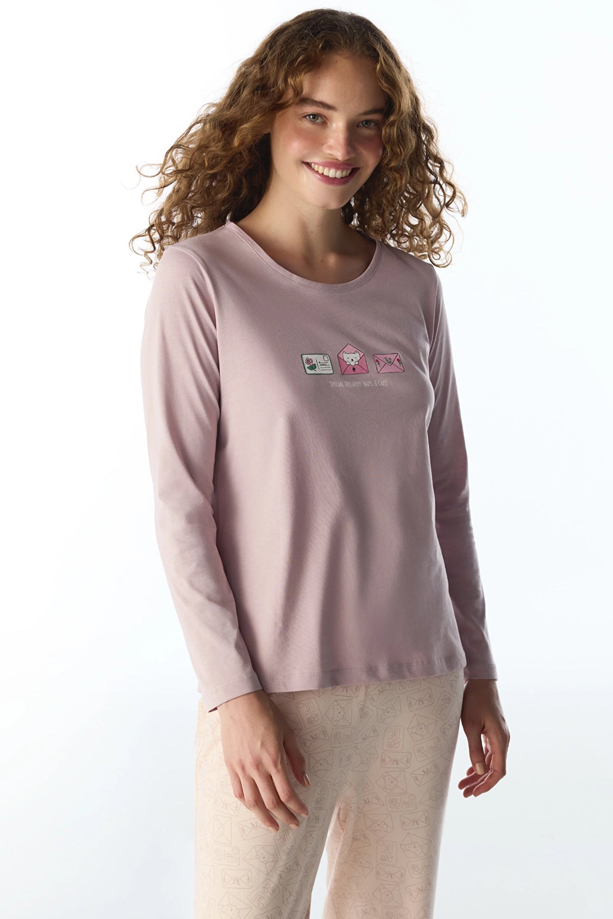 Açık Pembe Naps&cats Kedi Desenli Uzun Kollu Pantolon Pijama Takımı