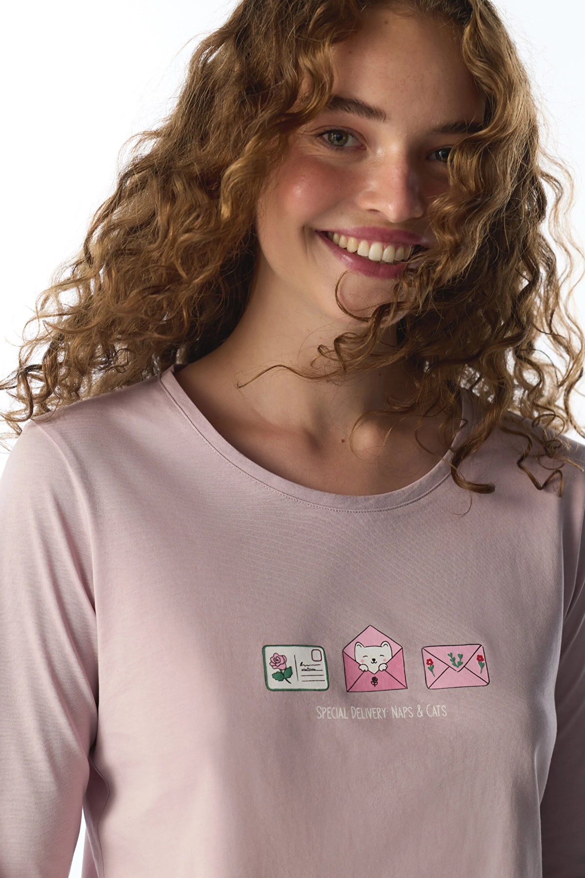Açık Pembe Naps&cats Kedi Desenli Uzun Kollu Pantolon Pijama Takımı