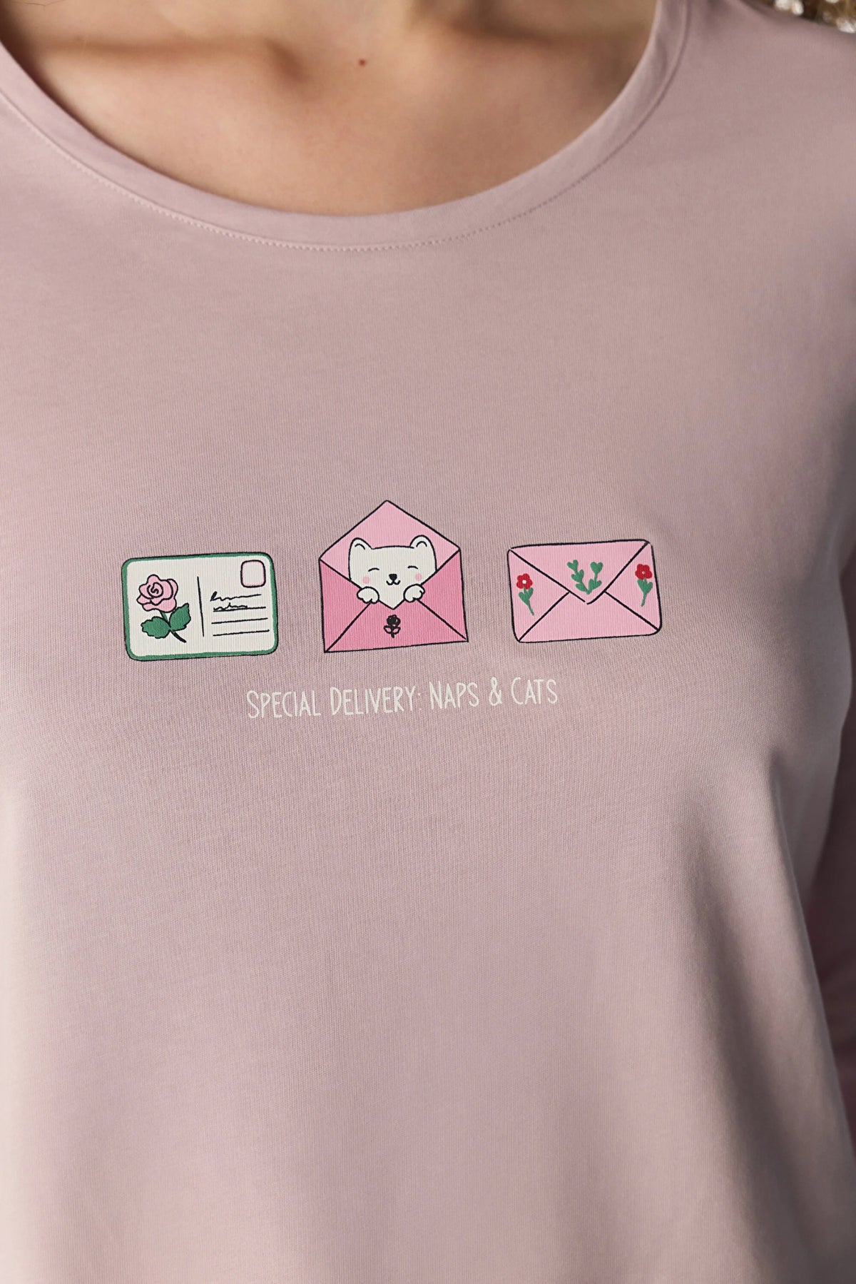 Açık Pembe Naps&cats Kedi Desenli Uzun Kollu Pantolon Pijama Takımı