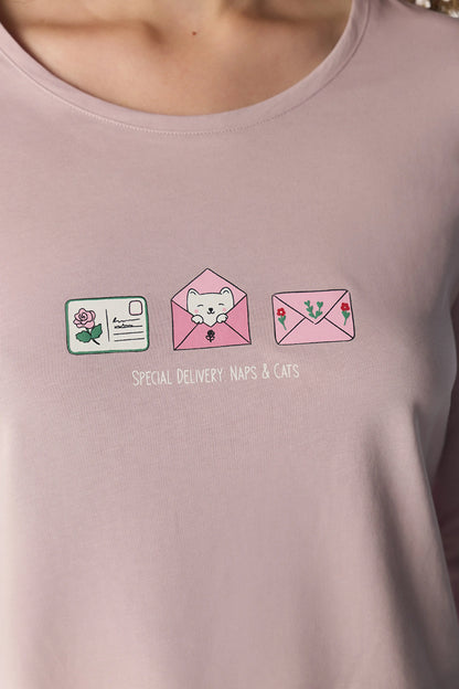 Açık Pembe Naps&cats Kedi Desenli Uzun Kollu Pantolon Pijama Takımı