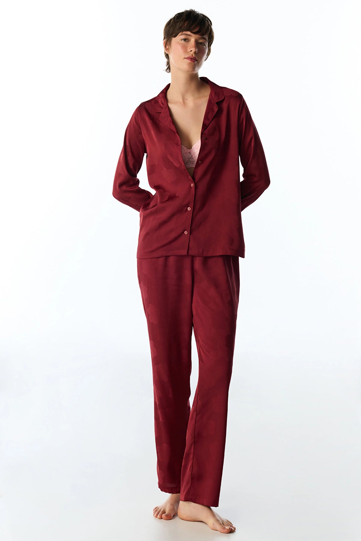 Bordo Orquidea Saten Çiçekli Uzun Kollu Gömlek Pantolon Pijama Takımı