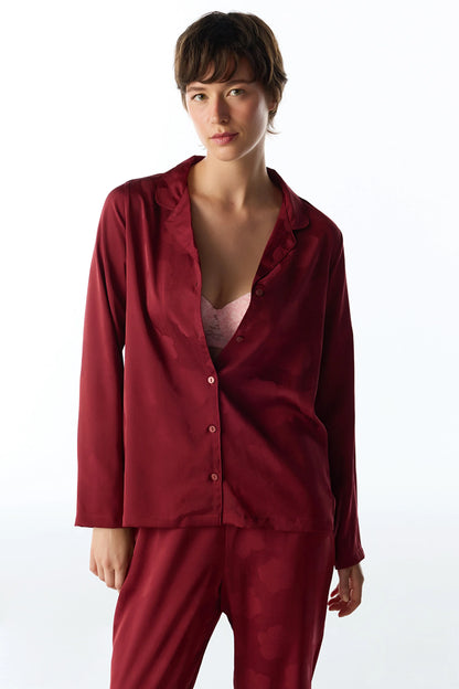 Bordo Orquidea Saten Çiçekli Uzun Kollu Gömlek Pantolon Pijama Takımı
