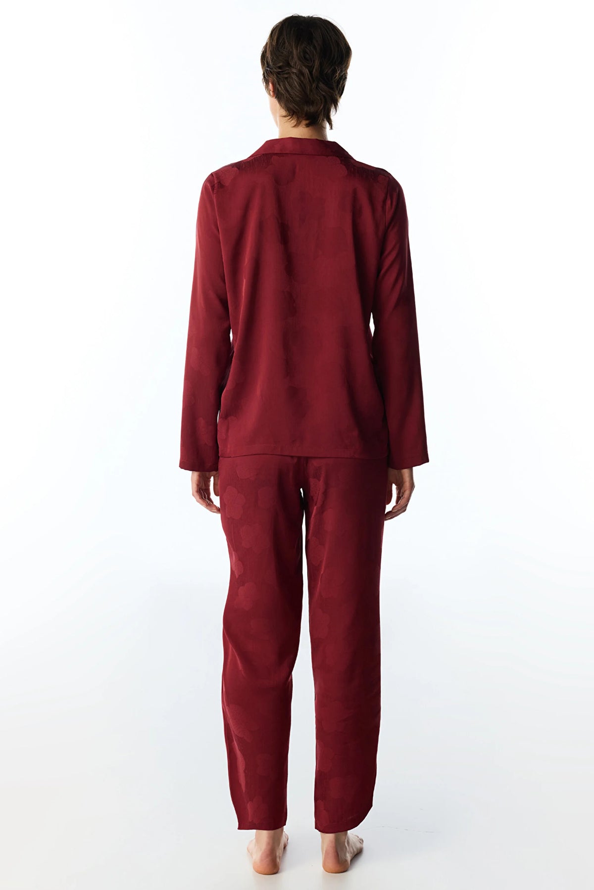 Bordo Orquidea Saten Çiçekli Uzun Kollu Gömlek Pantolon Pijama Takımı