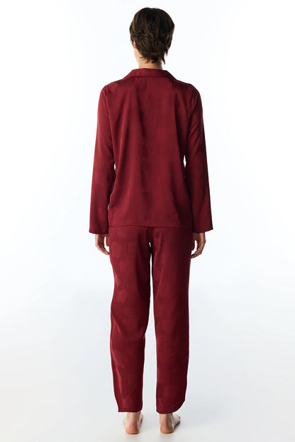 Bordo Orquidea Saten Çiçekli Uzun Kollu Gömlek Pantolon Pijama Takımı