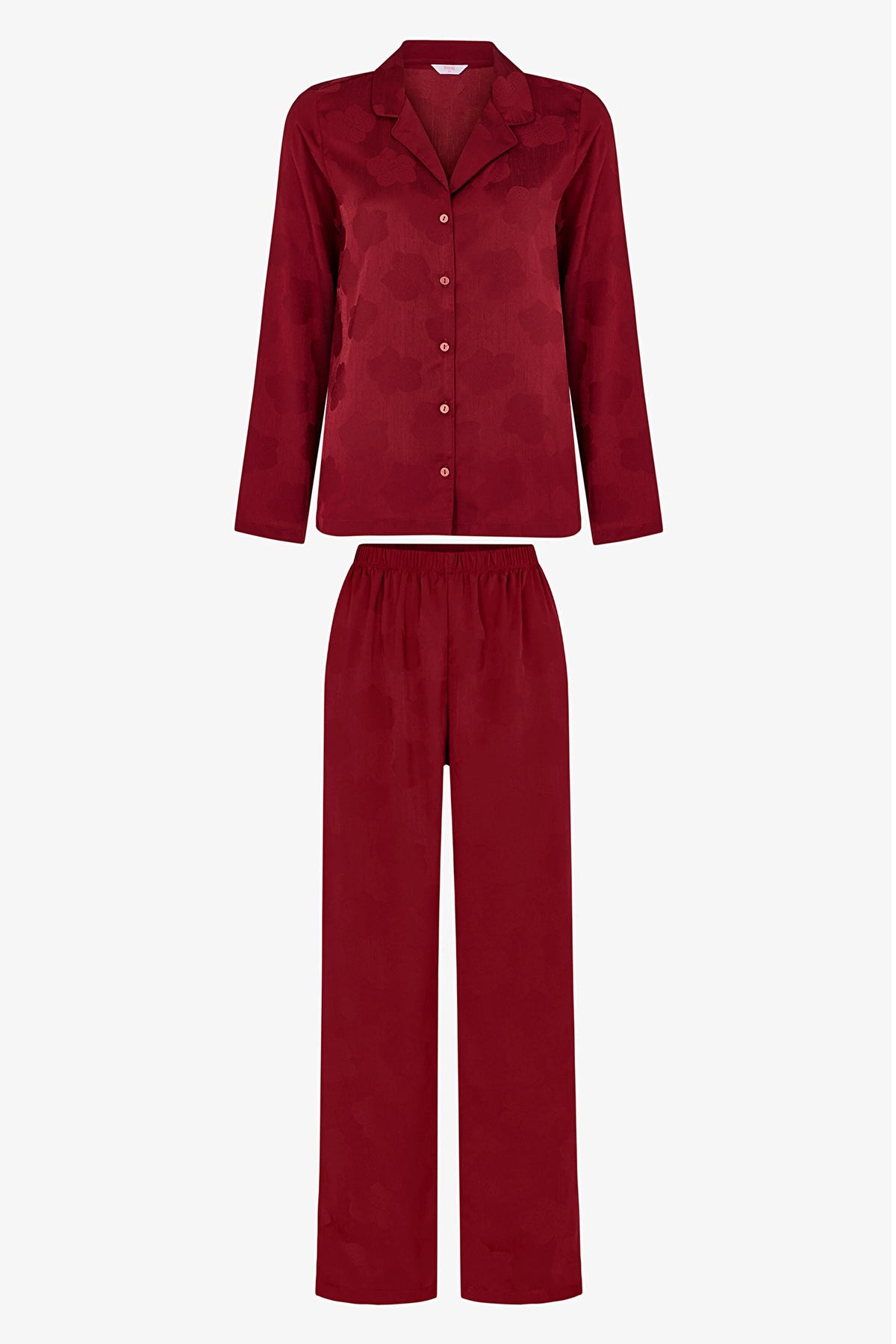 Bordo Orquidea Saten Çiçekli Uzun Kollu Gömlek Pantolon Pijama Takımı