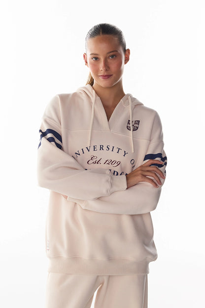 Ekru Cambridge Baskılı V Yaka Kapüşonlu Sweatshirt