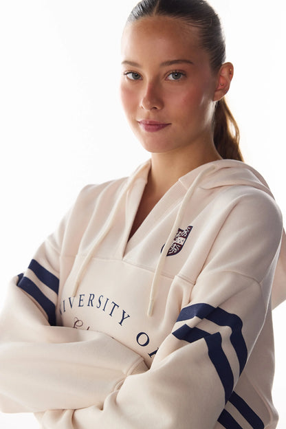 Ekru Cambridge Baskılı V Yaka Kapüşonlu Sweatshirt
