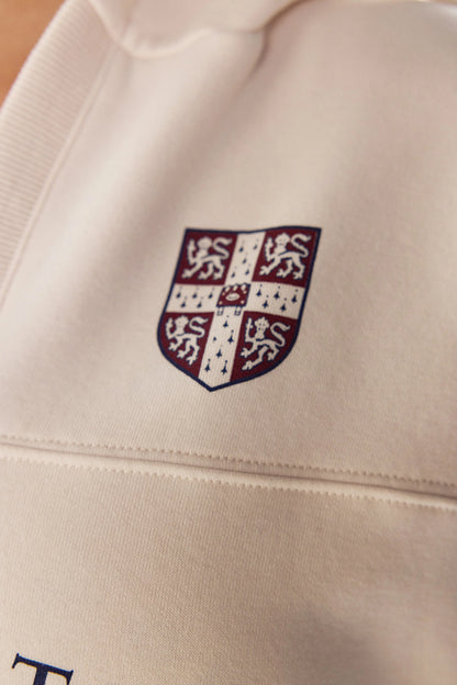 Ekru Cambridge Baskılı V Yaka Kapüşonlu Sweatshirt