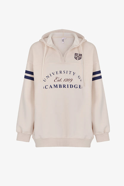 Ekru Cambridge Baskılı V Yaka Kapüşonlu Sweatshirt