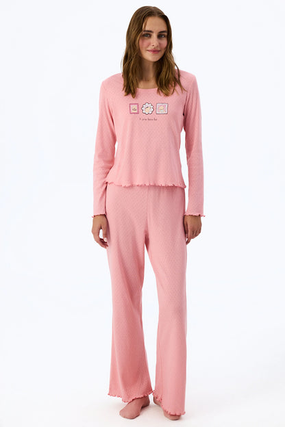 Pembe Dusty Rose Pointel Slogan Desenli Kısa Kollu Tişört Pijama Üstü