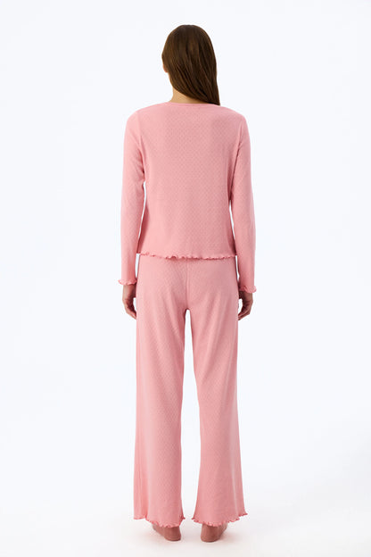 Pembe Dusty Rose Pointel Slogan Desenli Kısa Kollu Tişört Pijama Üstü