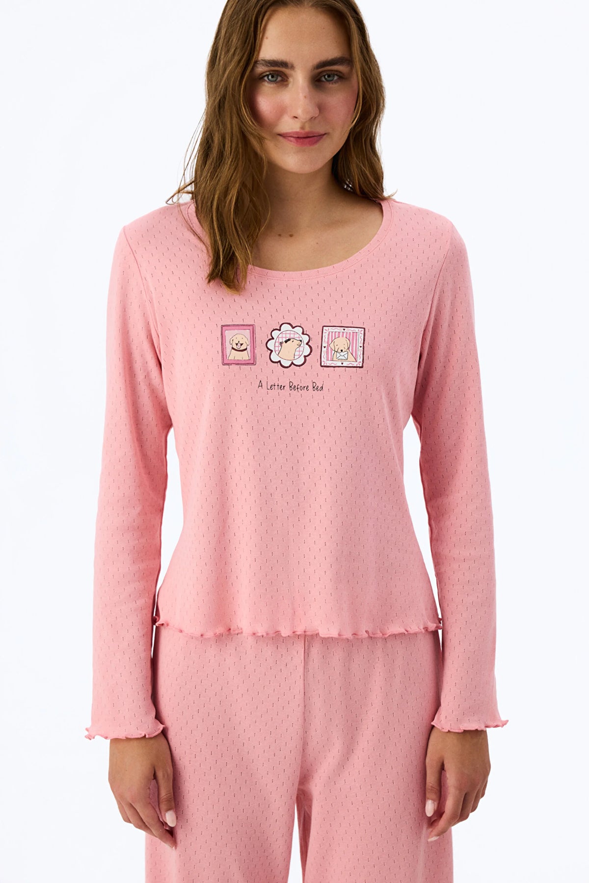 Pembe Dusty Rose Pointel Slogan Desenli Kısa Kollu Tişört Pijama Üstü