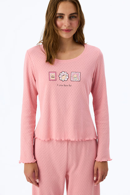 Pembe Dusty Rose Pointel Slogan Desenli Kısa Kollu Tişört Pijama Üstü