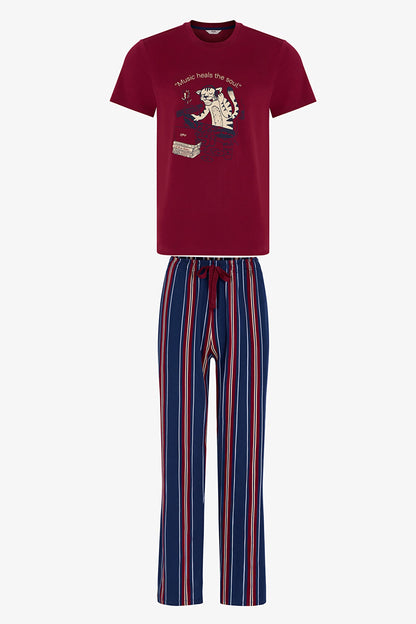 Erkek Retro Groove Çizgili Pantolon Kısa Kollu Pijama Takımı