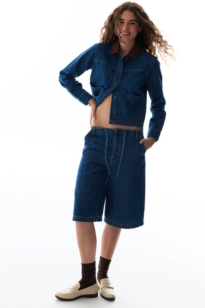 Koyu Mavi Denim Bermuda Şort